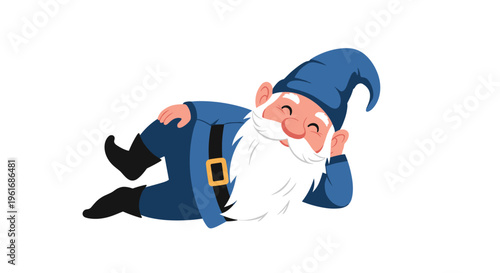 Jolly garden gnome with a long white beard and a blue suit lying on the grass for garden decoration and fairytale theme.