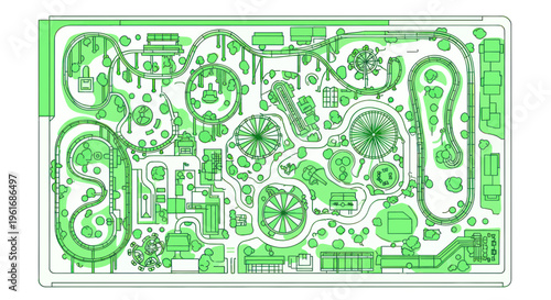 Amusement Park Blueprint Plan - Top View Green Layout