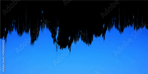 Tropical palm tree silhouettes and nature-inspired ink splashes decorate a blue sky background with clouds in this artistic vector illustration design