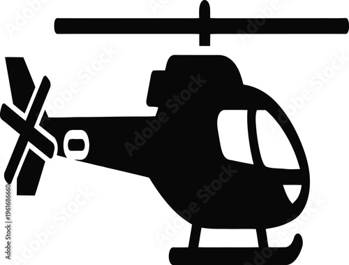 Black helicopter silhouette flying in sky with rotor blades