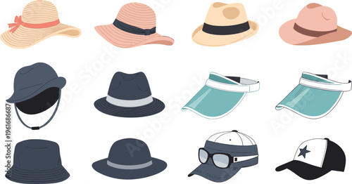Variety of Fashion Hats Including Straw Hats, Visors, Caps, and Bucket Hats for Casual, Summer, and Sports Designs