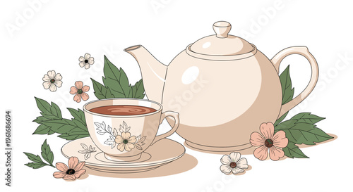 Elegant tea set with a ceramic teapot and a matching teacup decorated with beautiful pink flowers for a sophisticated tea time.