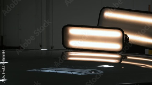 Process of PDR pointless dent repair on car body, repair dents in damaged car after hail