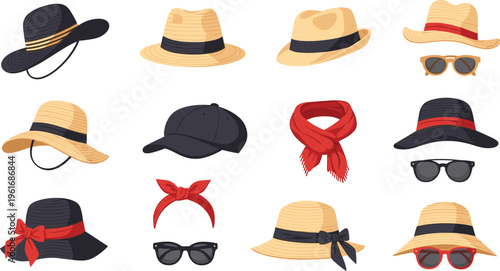 Stylish Hat and Accessories Collection Featuring Straw Hats, Caps, Scarves, and Sunglasses for Fashion and Summer Designs