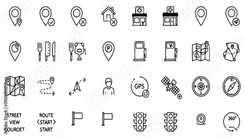 Collection of navigation icons for mapping and directions