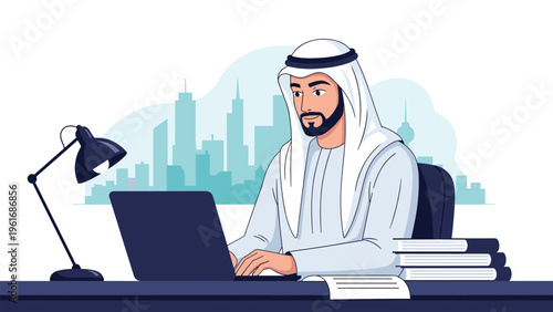Professional Arab man wearing traditional kandura and ghutra working on his laptop at a modern office desk with a city view.