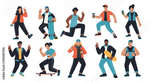 Group of diverse young people hanging out together with skateboards and coffee expressing friendship and a positive urban lifestyle.