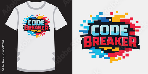 Modern pixelated code breaker design on a stylish white tshirt perfect for programmers and tech enthusiasts showcasing vibrant colors and retro gaming aesthetic