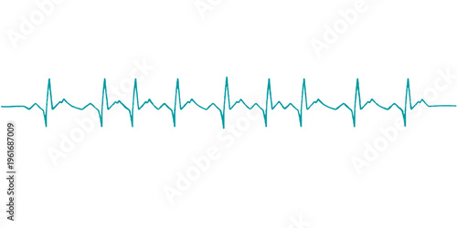 An abstract medical illustration featuring a green and blue heart-shaped pulse line on an EKG monitor graph representing a healthy heartbeat and cardiac rate through a vector electrocardiogram wave