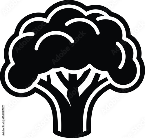 Black tree icon with white outline on plain background