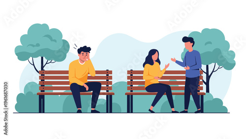 Lonely and sad man sitting alone on a park bench while a happy couple talks nearby highlighting themes of social isolation and relationships.
