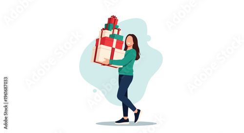 Happy woman carrying a huge stack of colorful gift boxes for a holiday celebration party or a special birthday surprise.