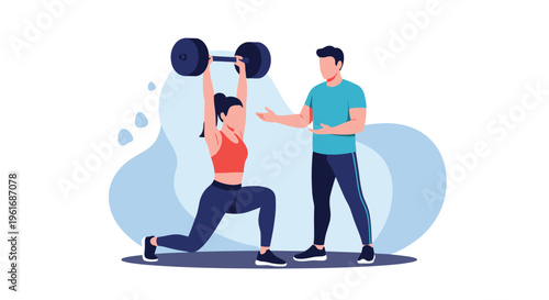 Woman lifting a barbell and doing lunges under the supervision of a professional trainer for strength and fitness improvement.