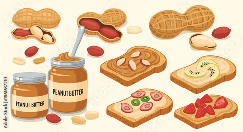 Delicious breakfast set including peanut butter jars whole peanuts and toast topped with various fresh fruits and nuts.