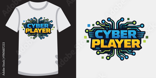 Modern stylish cyber player design with vibrant neon colors and circuit elements on tshirt mockup perfect for gaming and esports enthusiasts