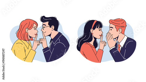 Group of people sharing secrets and whispering gossip while making a shushing gesture to maintain confidentiality.