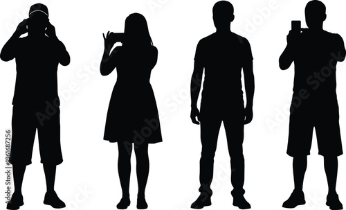 People taking photos with smartphone silhouettes standing figures vector illustration set isolated on white background modern technology communication lifestyle concept