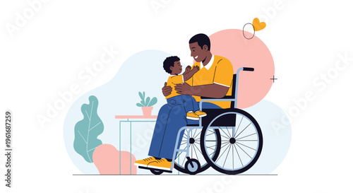 Caring father in a wheelchair holding his young son on his lap expressing love family bond and happiness together at home.