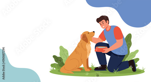 Kind man kneeling on the grass to pet his golden retriever dog while preparing a healthy meal for his loyal furry friend.