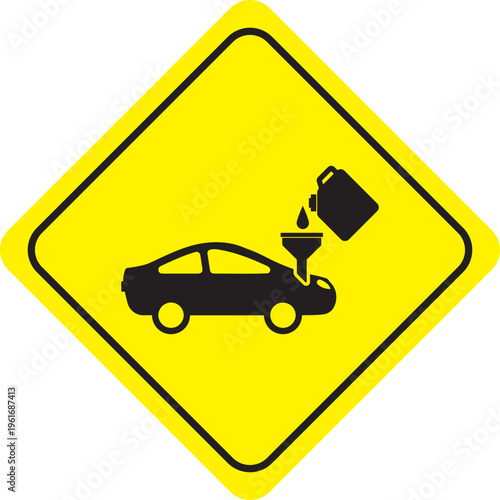 Yellow caution sign for car oil change or refueling service icon