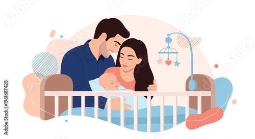 Loving parents watch over their newborn baby sleeping peacefully in a white crib, representing family bonding and new parenthood.