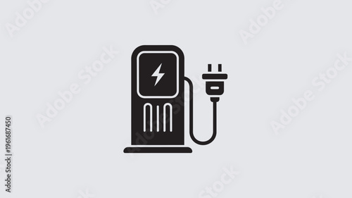 A black and white icon of an electric vehicle charging station with a plug
