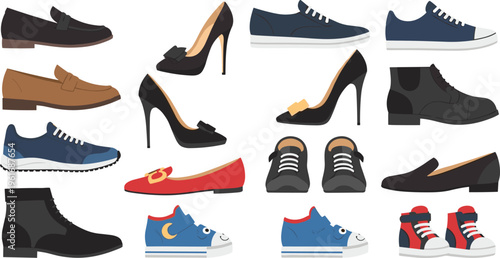 Variety of Hand-Drawn Footwear Icons Including Loafers, Sneakers, High Heels, and Casual Shoes for Fashion and Retail Design