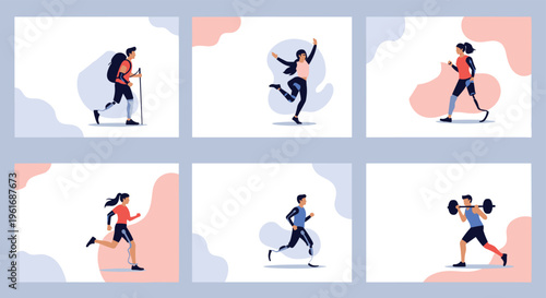 Diverse set of athletes with prosthetic limbs participating in various physical activities like running, hiking, and weightlifting.