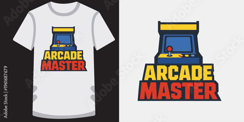 Retro arcade machine graphic design on a casual tshirt perfect for gaming enthusiasts and vintage lovers alike showcasing vibrant colors and pixelated style