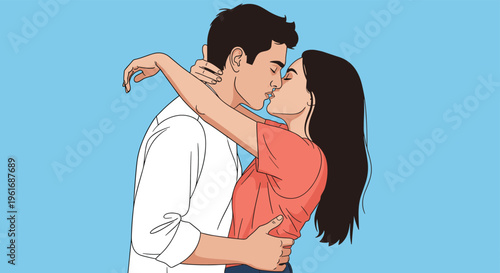 Young man and woman in casual attire sharing an intimate and romantic kiss against a plain blue background, expressing love and affection.