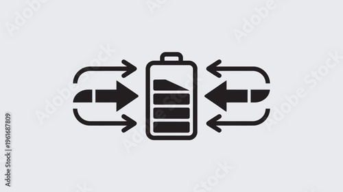 A black and white icon of a battery with arrows indicating charging and discharging
