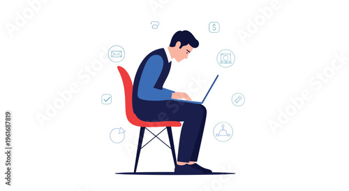 Illustration showing a man sitting on a chair with bad posture while using his laptop, surrounded by various digital work icons.