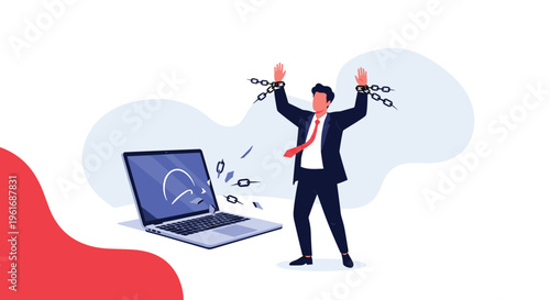 Motivated businessman breaking metal chains that connect him to a broken laptop, symbolizing freedom from digital addiction or work stress.