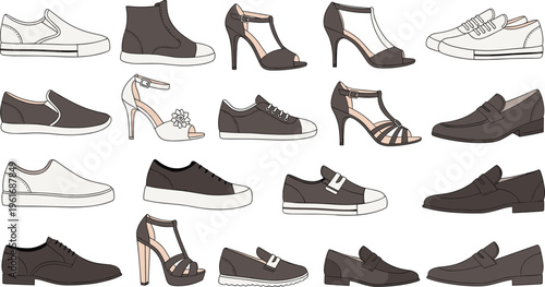 Hand-Drawn Footwear Icon Set Featuring Sneakers, Heels, Loafers, and Casual Shoes for Fashion Design and Marketing
