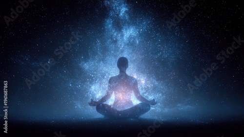 Meditating man silhouette in lotus pose over starry galaxy universe, cosmic mindfulness, spiritual connection and universal consciousness concept.