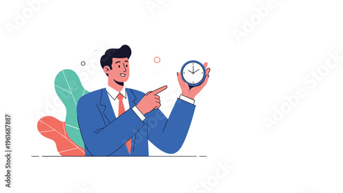 Successful businessman in a blue suit points his finger to a small clock to emphasize the importance of time.
