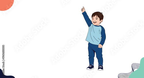 Joyful little boy standing and pointing one finger towards the sky with a big smile, expressing wonder or spotting something interesting.