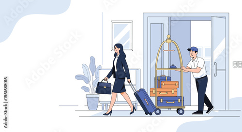Helpful hotel bellboy pushing a brass luggage cart with several suitcases while a professional businesswoman walks nearby at the entrance.