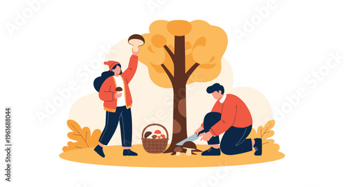 Man and woman working together to gather mushrooms from the forest floor under a large golden tree during the autumn season.