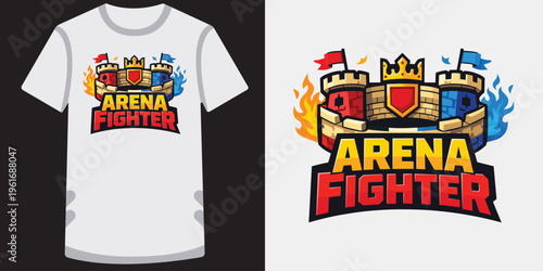 Vibrant colorful gaming tshirt design featuring a castle and crown logo with bold arena fighter text ideal for esports fans and gamers