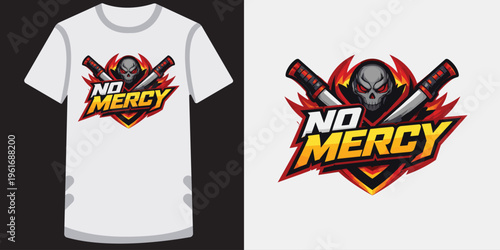 Vibrant gaming logo design featuring a fierce skull with crossed swords and bold no mercy text ideal for esports teams and gamers