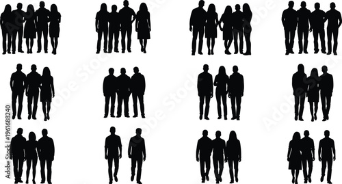 Group of people silhouettes walking standing together diverse crowd vector illustration collection isolated on white background social team concept design