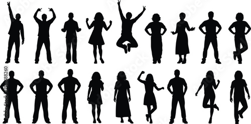 Collection of people silhouettes in different poses standing jumping dancing vector illustration isolated on white background human activity lifestyle set