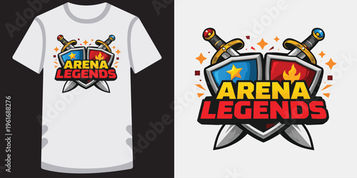 Vibrant gaming logo design featuring crossed swords and colorful shields with bold text perfect for esports teams or fantasy tournaments