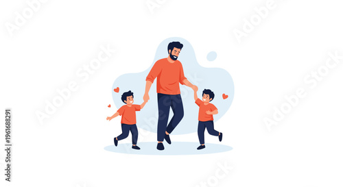 Loving father holding hands and walking happily with his two young sons outdoors in a very simple and heartwarming flat illustration.