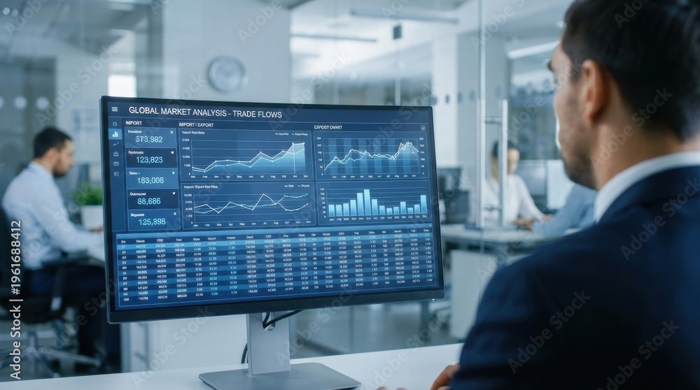 Fototapeta premium Market Analysis Concept: Import export data shown on digital screen in business environment 