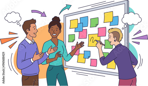 People discussing and planning with colorful sticky notes on board
