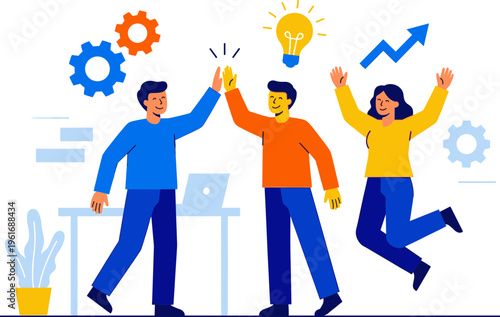 Three coworkers celebrate a successful business idea in an office