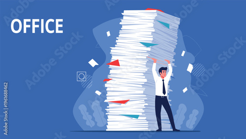 Stressed office worker tries to hold up a massive stack of paperwork that is about to fall over on a blue background.