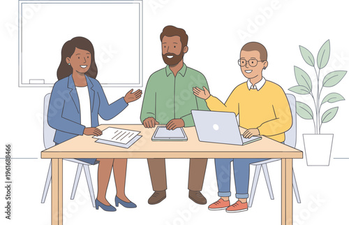 Three colleagues discuss work sitting around a wooden conference table